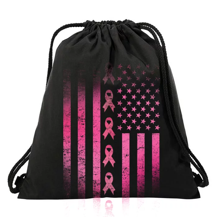 Breast Cancer American Flag Drawstring Bag