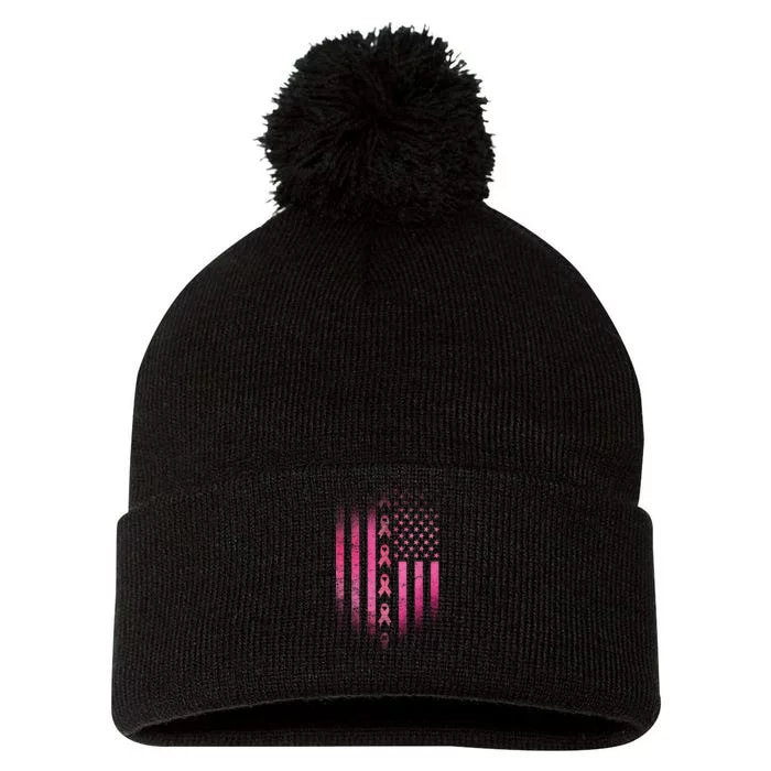 Breast Cancer American Flag Pom Pom 12in Knit Beanie