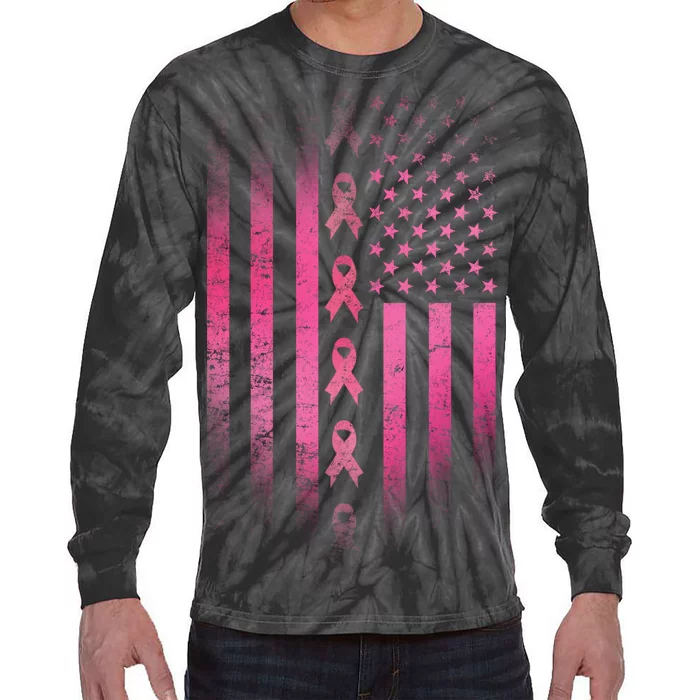 Breast Cancer American Flag Tie-Dye Long Sleeve Shirt