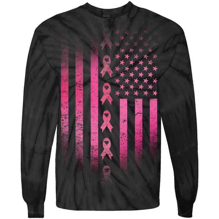 Breast Cancer American Flag Tie-Dye Long Sleeve Shirt