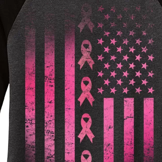 Breast Cancer American Flag Women's Tri-Blend 3/4-Sleeve Raglan Shirt