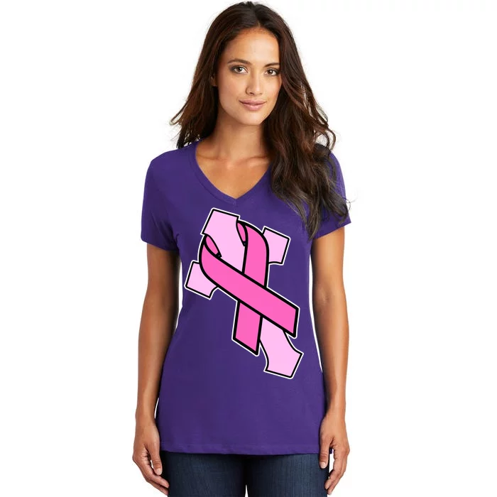 Breast Cancer Awareness Christian Pink Cross Ribbon Women's V-Neck T-Shirt