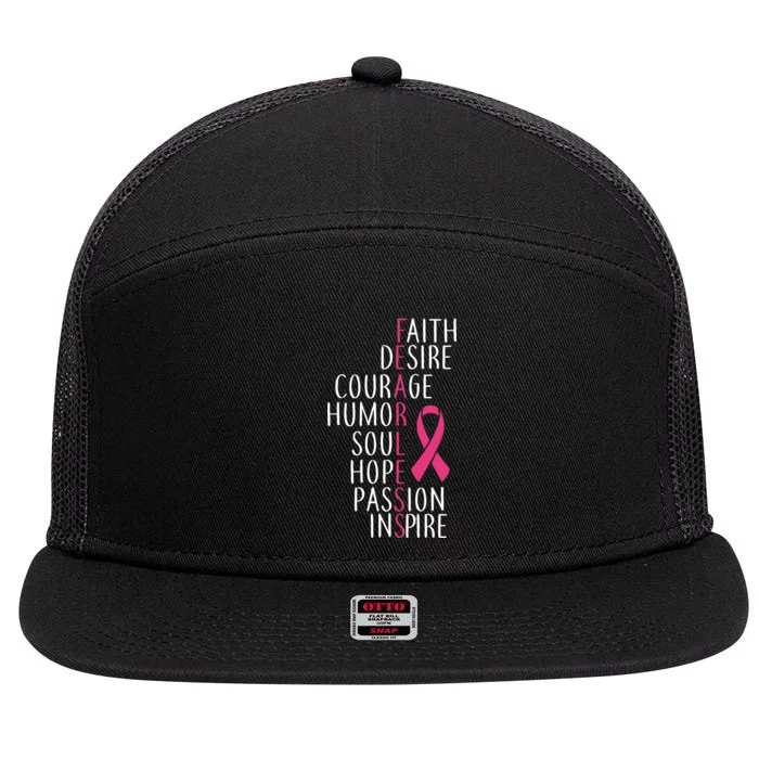 Breast Cancer Awareness Fearless Quote 7 Panel Mesh Trucker Snapback Hat