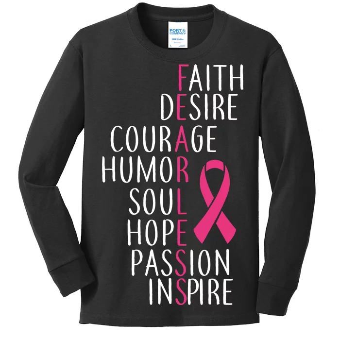 Breast Cancer Awareness Fearless Quote Kids Long Sleeve Shirt