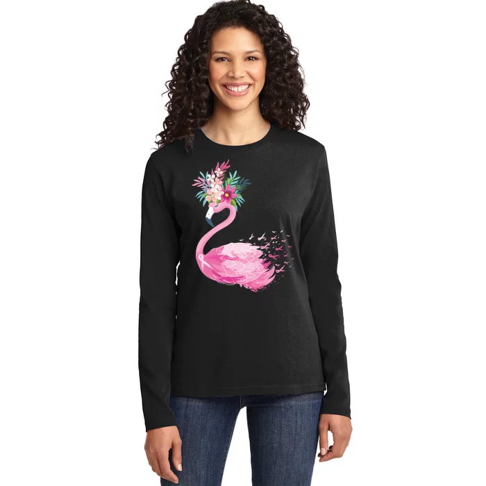 Breast Cancer Awareness Flamingo Floral Ladies Long Sleeve Shirt