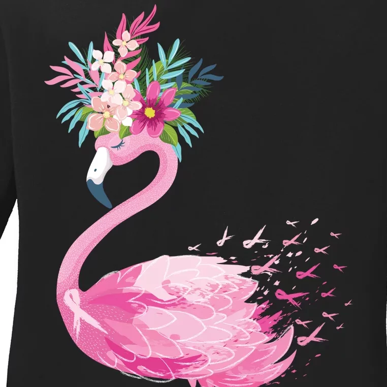 Breast Cancer Awareness Flamingo Floral Ladies Long Sleeve Shirt