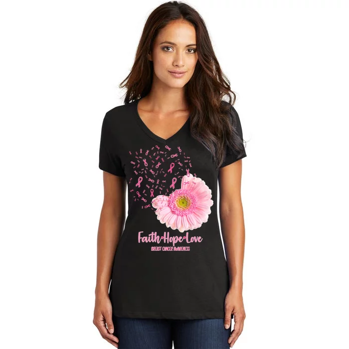 Breast Cancer Awareness Flowers Ribbons Women's V-Neck T-Shirt