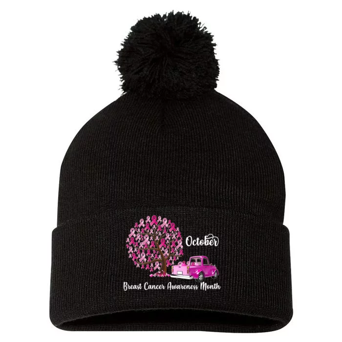 Breast Cancer Awareness Month October Roots Pom Pom 12in Knit Beanie