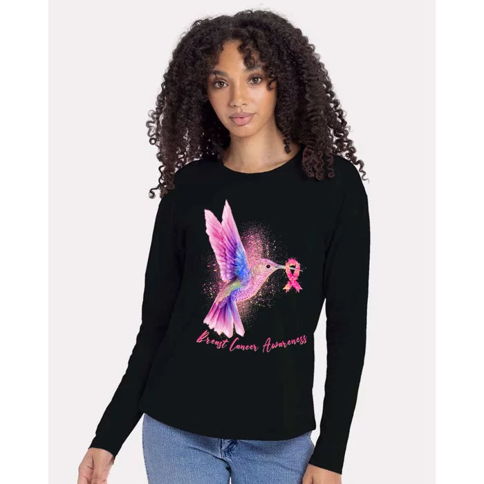 Breast Cancer Awareness Painted Hummingbird Womens Cotton Relaxed Long Sleeve T-Shirt