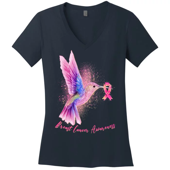 Breast Cancer Awareness Painted Hummingbird Women's V-Neck T-Shirt