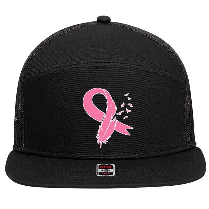 Breast Cancer Awareness Pink Feather Ribbon 7 Panel Mesh Trucker Snapback Hat