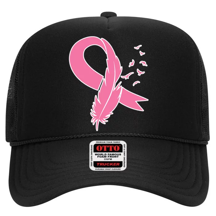 Breast Cancer Awareness Pink Feather Ribbon High Crown Mesh Trucker Hat