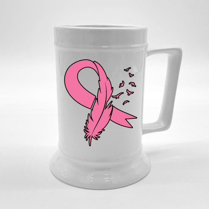 Breast Cancer Awareness Pink Feather Ribbon Front & Back Beer Stein