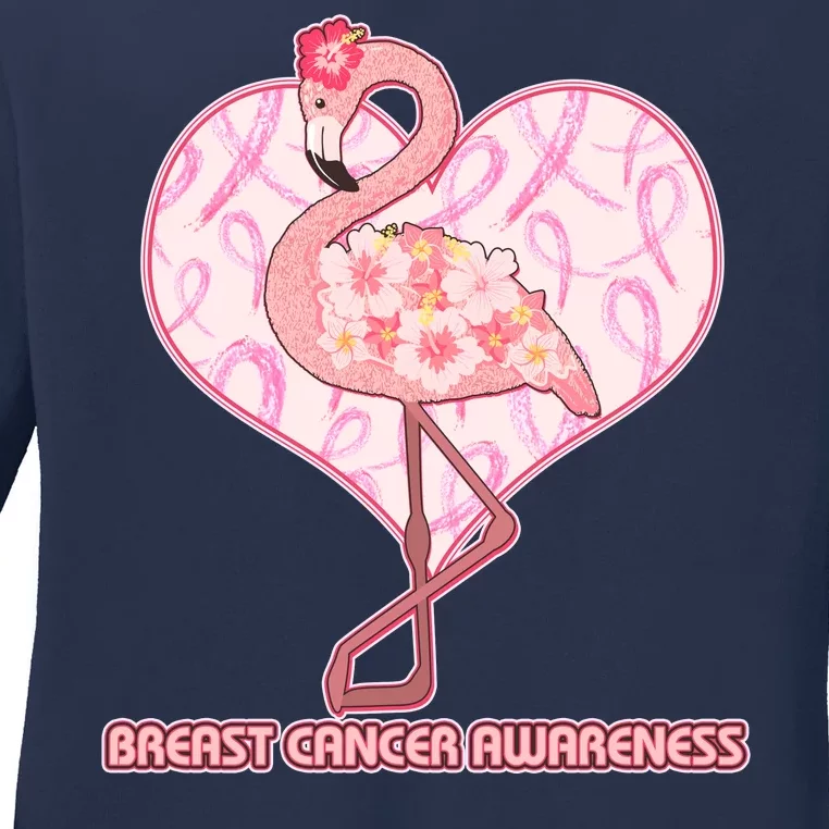 Breast Cancer Awareness Pink Flower Flamingo Ladies Long Sleeve Shirt