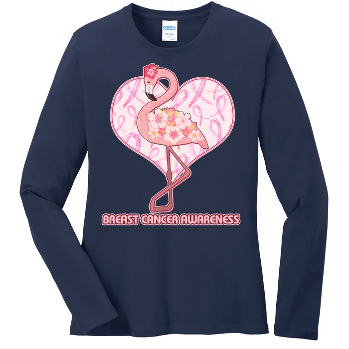 Breast Cancer Awareness Pink Flower Flamingo Ladies Long Sleeve Shirt