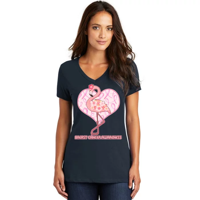 Breast Cancer Awareness Pink Flower Flamingo Women's V-Neck T-Shirt