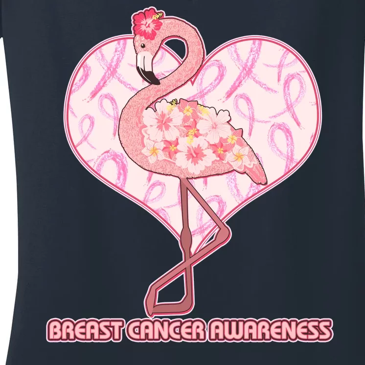 Breast Cancer Awareness Pink Flower Flamingo Women's V-Neck T-Shirt