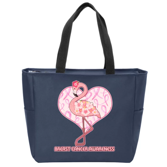 Breast Cancer Awareness Pink Flower Flamingo Zip Tote Bag