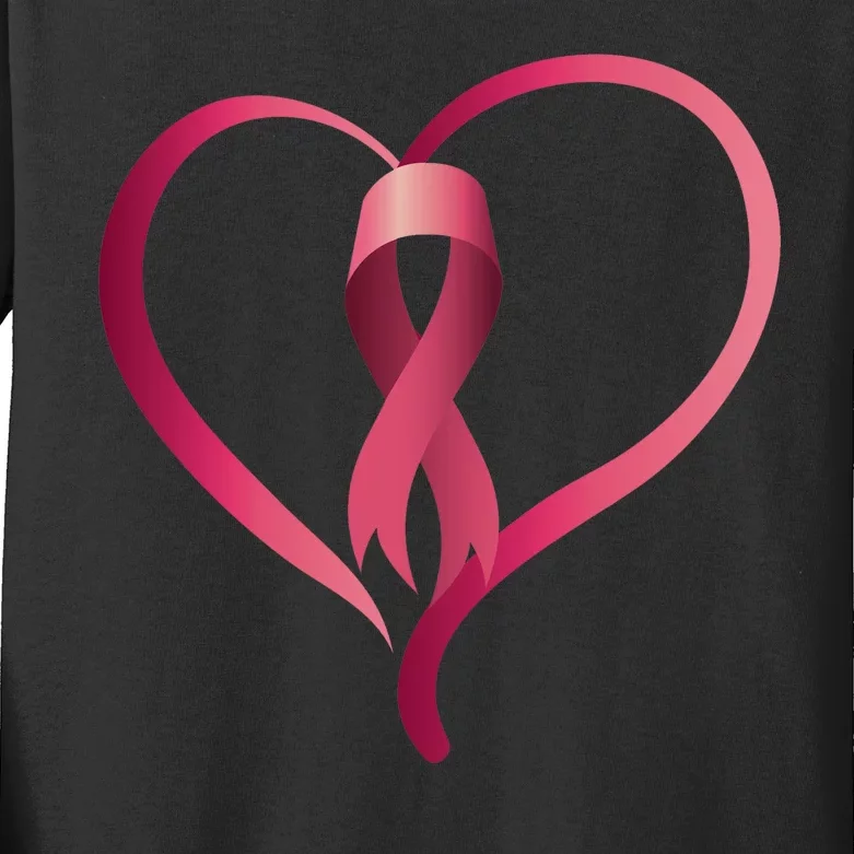 Breast Cancer Awareness Ribbon Heart Kids Long Sleeve Shirt