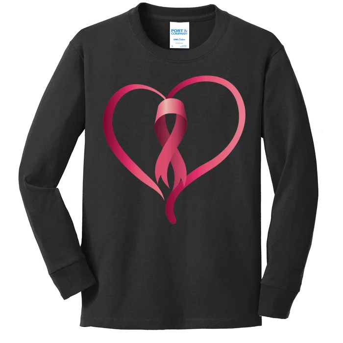 Breast Cancer Awareness Ribbon Heart Kids Long Sleeve Shirt