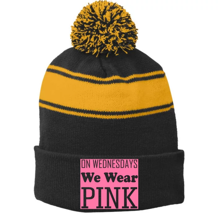 Breast Cancer Awareness Wednesdays We Wear Pink Stripe Pom Pom Beanie