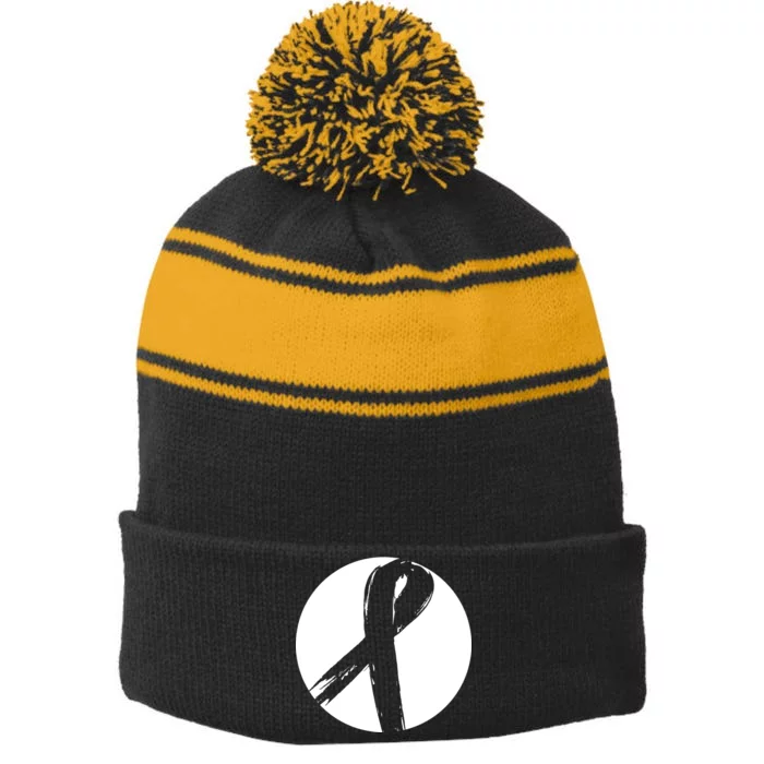 Breast Cancer Circle Ribbon Logo Stripe Pom Pom Beanie