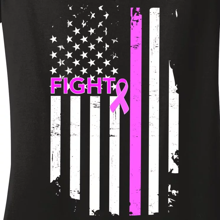 Breast Cancer Fight Ribbon Flag Women's V-Neck T-Shirt