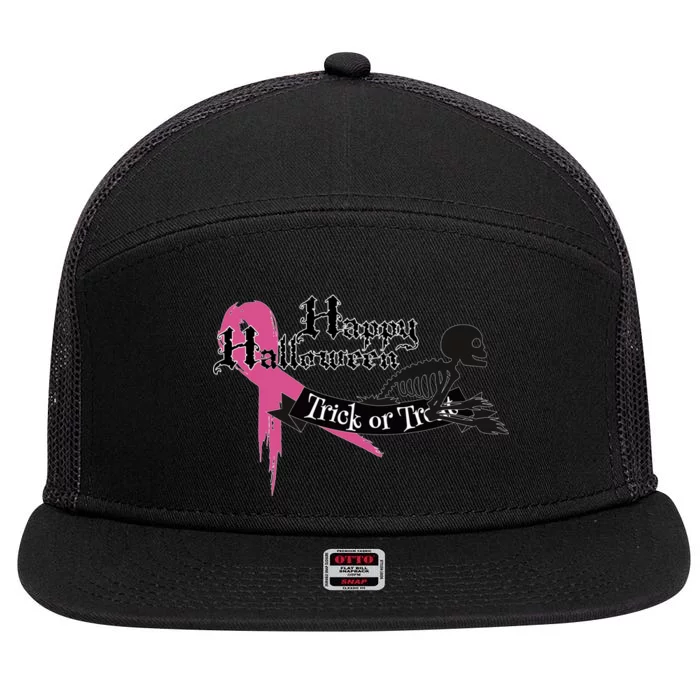 Breast Cancer Happy Halloween Skeleton 7 Panel Mesh Trucker Snapback Hat