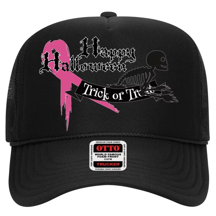 Breast Cancer Happy Halloween Skeleton High Crown Mesh Trucker Hat