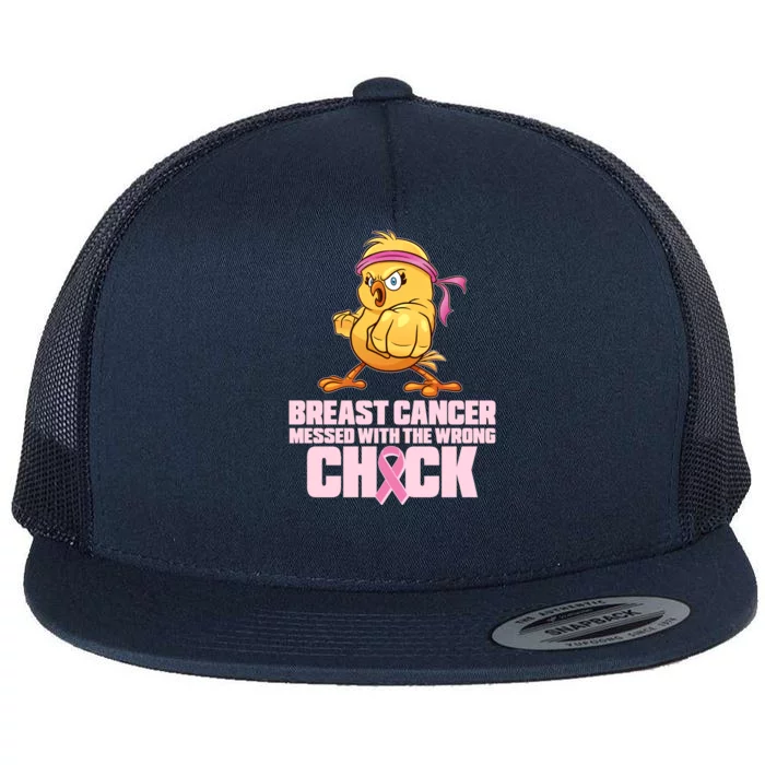 Breast Cancer Messed With The Wrong Chick Funny Flat Bill Trucker Hat