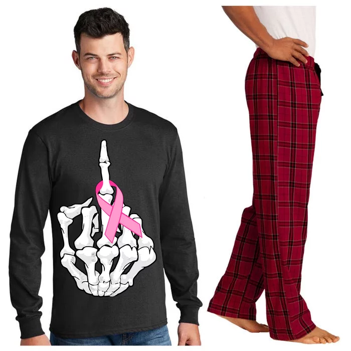 Breast Cancer Skeleton Middle Finger Ribbon Long Sleeve Pajama Set