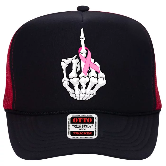 Breast Cancer Skeleton Middle Finger Ribbon High Crown Mesh Trucker Hat