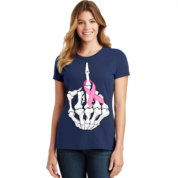 Breast Cancer Skeleton Middle Finger Ribbon Women's T-Shirt