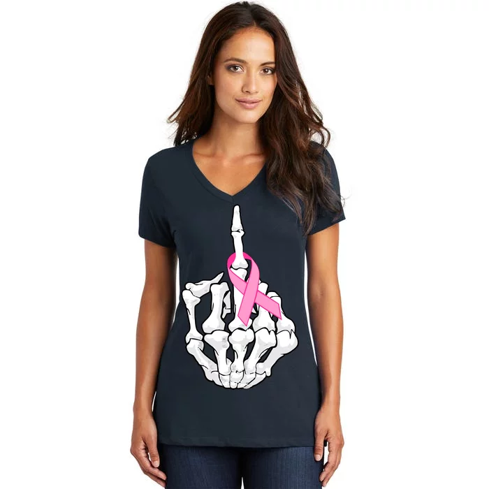 Breast Cancer Skeleton Middle Finger Ribbon Women's V-Neck T-Shirt