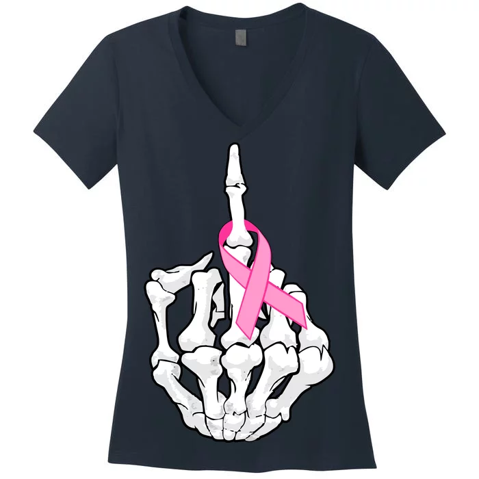 Breast Cancer Skeleton Middle Finger Ribbon Women's V-Neck T-Shirt