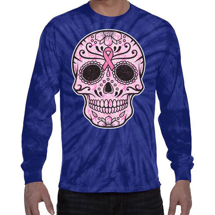 Breast Cancer Sugar Skull Day Of The Dead Dia De Los Muertos Tie-Dye Long Sleeve Shirt