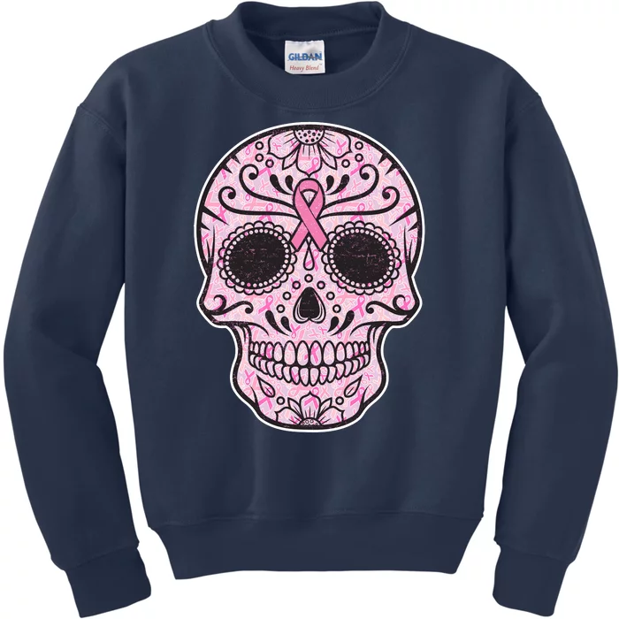 Breast Cancer Sugar Skull Day Of The Dead Dia De Los Muertos Kids Sweatshirt