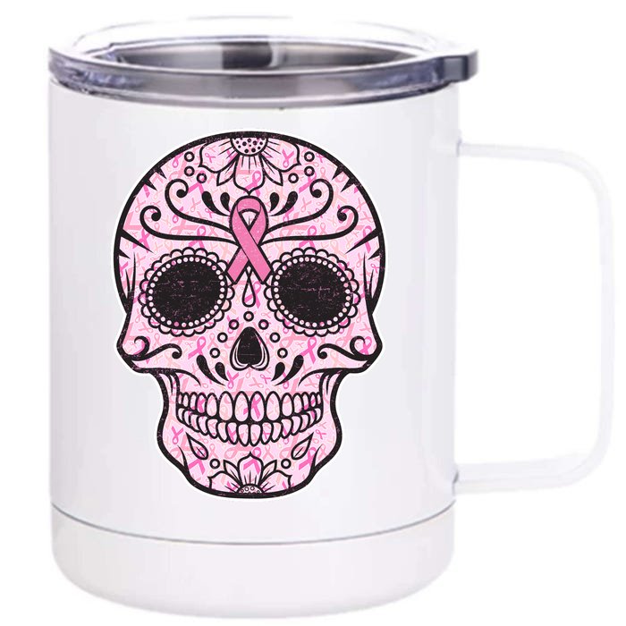 Breast Cancer Sugar Skull Day Of The Dead Dia De Los Muertos Front & Back 12oz Stainless Steel Tumbler Cup