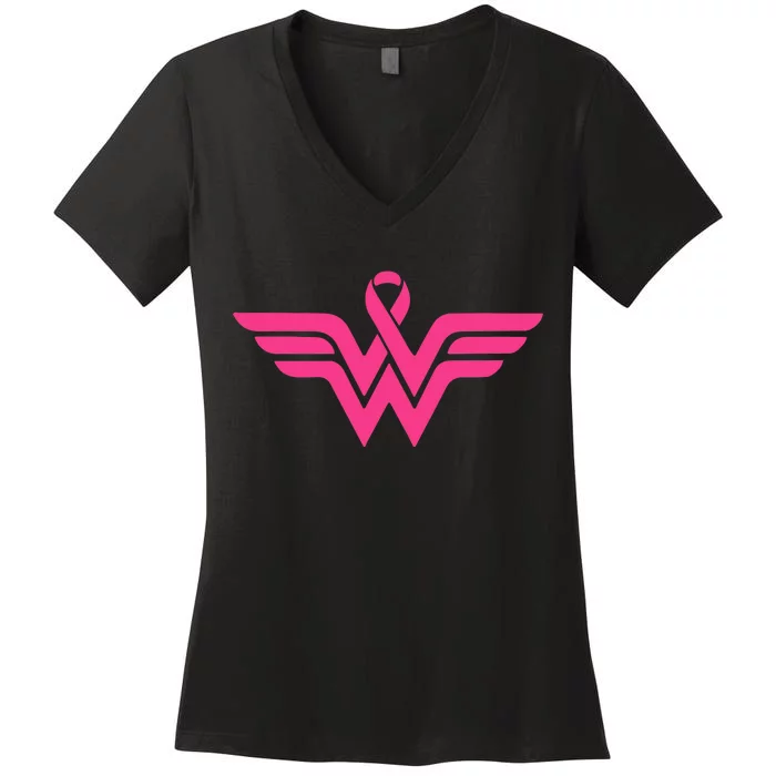 Breast Cancer Superhero Ribbon Logo Women's V-Neck T-Shirt