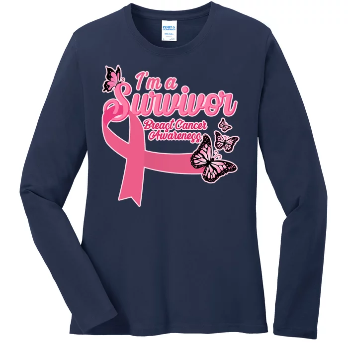 Breast Cancer Survivor Fighter Warrior Butterflies Ladies Long Sleeve Shirt