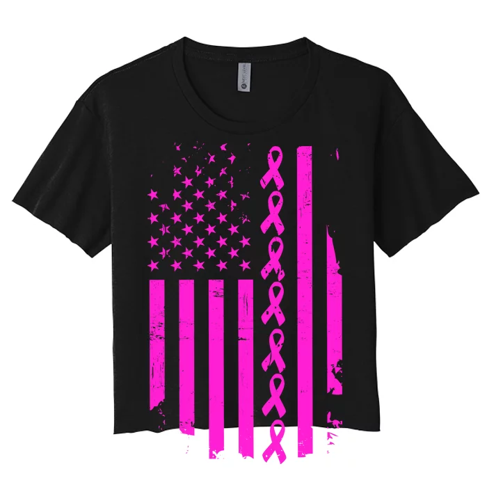 Breast Cancer USA Ribbon Flag Women's Crop Top Tee