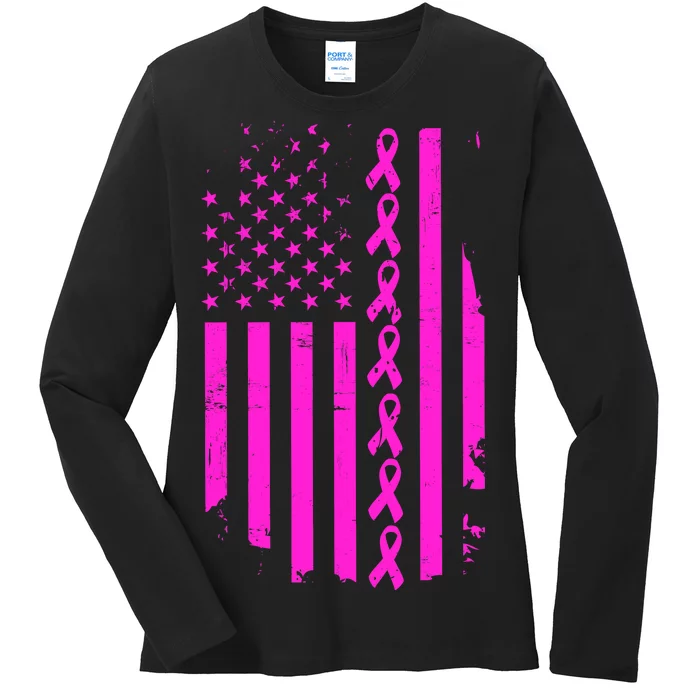 Breast Cancer USA Ribbon Flag Ladies Long Sleeve Shirt