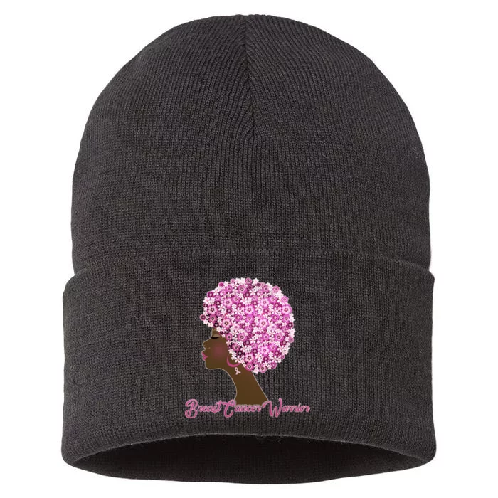 Breast Cancer Warrior Flower Afro Sustainable Knit Beanie