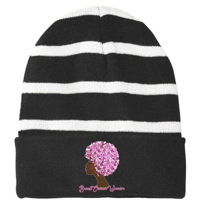 Breast Cancer Warrior Flower Afro Striped Beanie with Solid Band