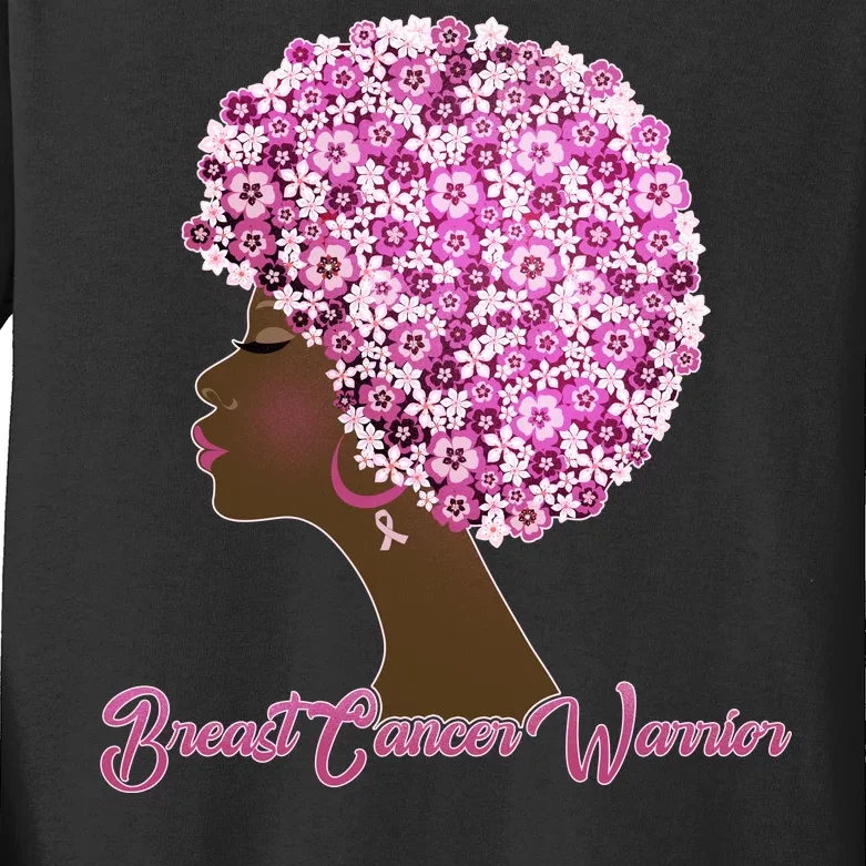 Breast Cancer Warrior Flower Afro Kids Long Sleeve Shirt