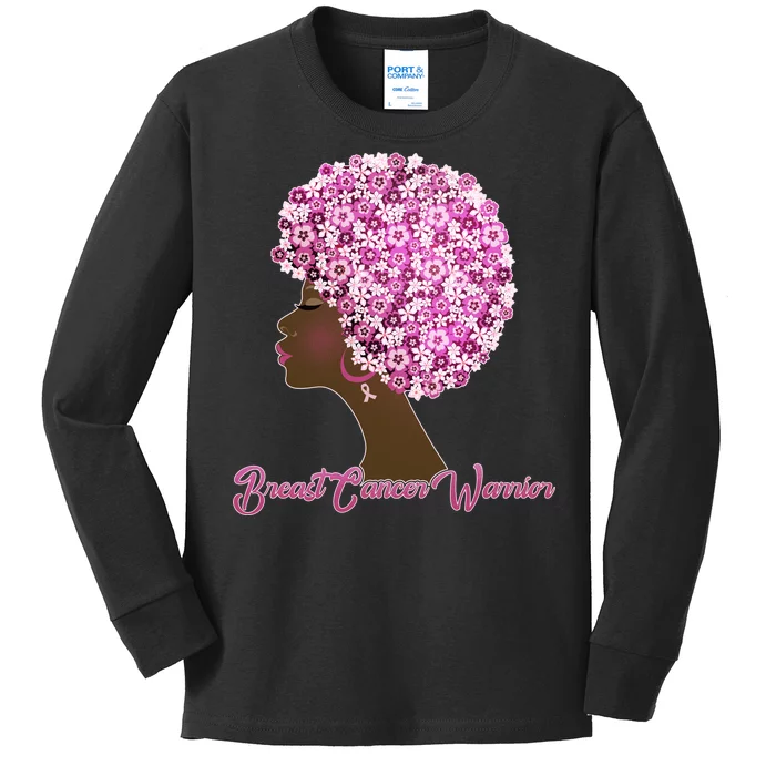 Breast Cancer Warrior Flower Afro Kids Long Sleeve Shirt