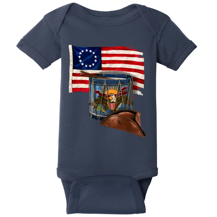 Betsy Ross Flag Patriot Drum Baby Bodysuit