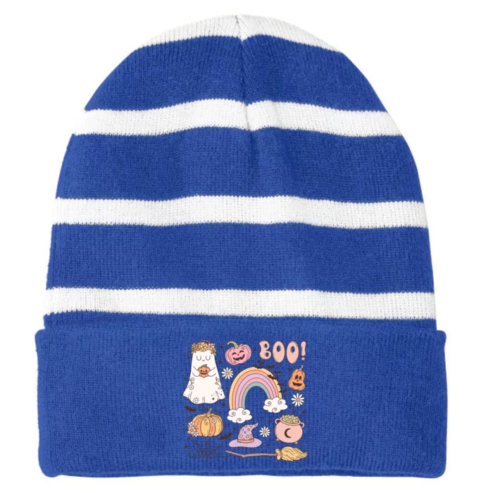 Boo Retro Halloween Ghost Design Gift Striped Beanie with Solid Band