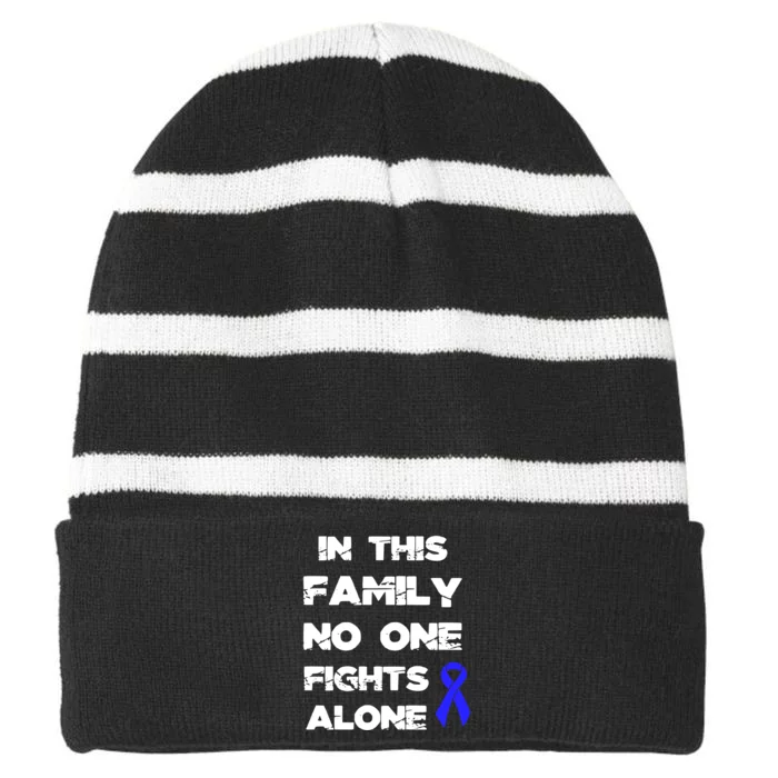 Blue Ribbon In This Faminy No One Fights Alone Awareness Striped Beanie with Solid Band