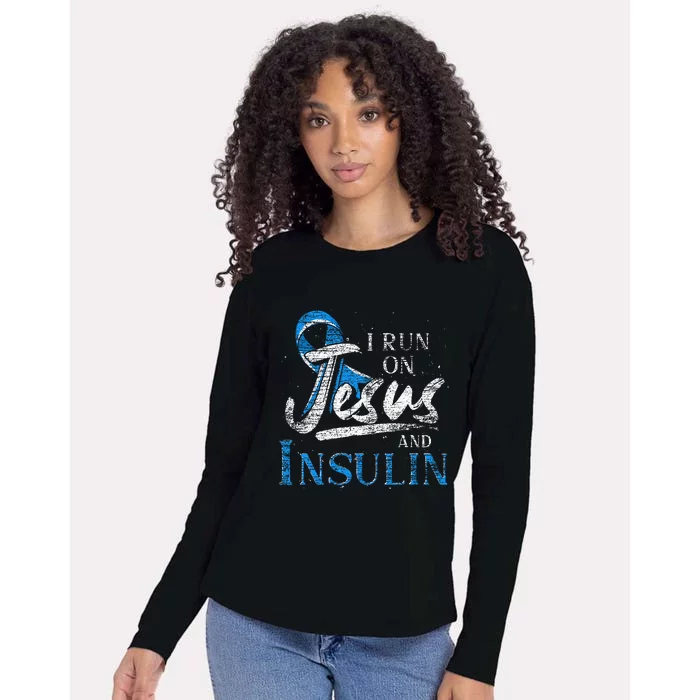 Blue Ribbon I Run On Jesus And Insulin Diabetes Awareness Womens Cotton Relaxed Long Sleeve T-Shirt